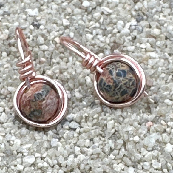 Ocean jasper spheres rose gold dangle long silver earrings - Picture 1 of 2